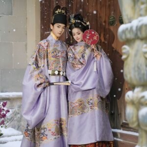 Samiusglobal Dragon Soars Through Cloud Sea Ming style couple hanfu, purple woven gold dragon pattern hanfu for wedding photoshoot