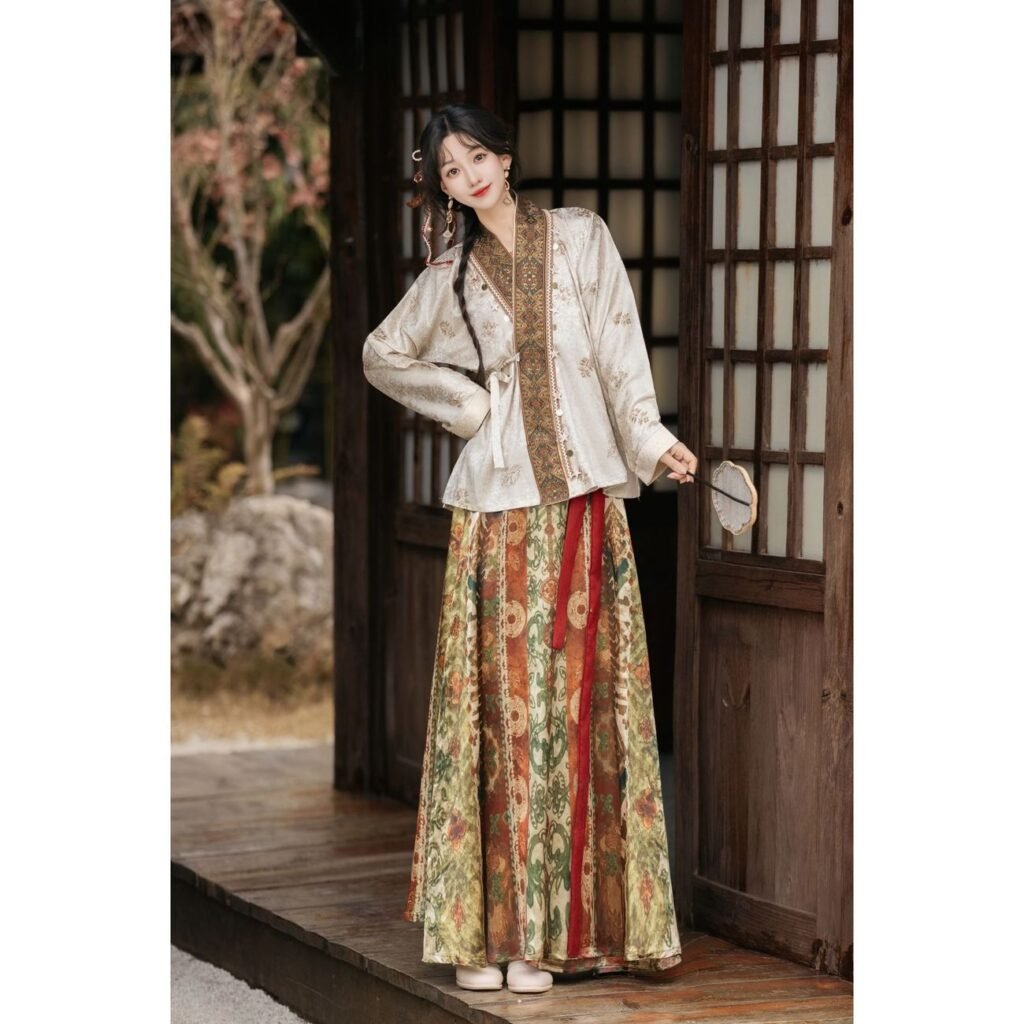 Women Ming dynasty hanfu set, jacquard cross-collar top and 8-piece broken skirt, new chinese daily outfit