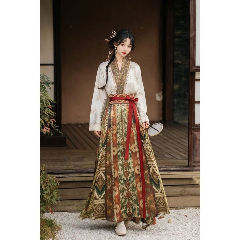 Women Ming dynasty hanfu set, jacquard cross-collar top and 8-piece broken skirt, new chinese daily outfit