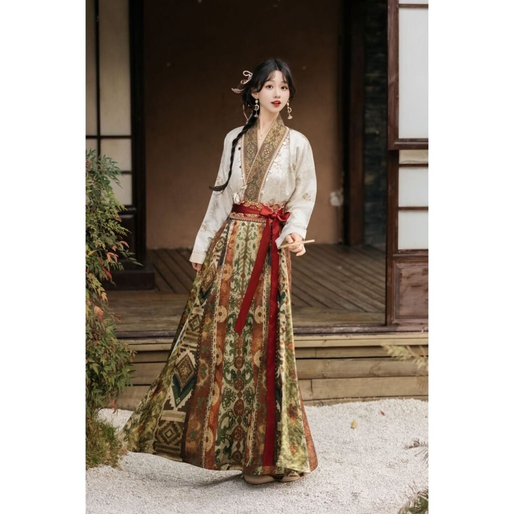 Women Ming dynasty hanfu set, jacquard cross-collar top and 8-piece broken skirt, new chinese daily outfit