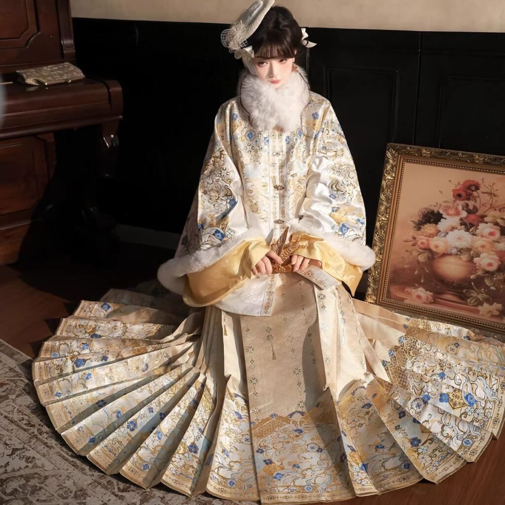 Samiusglobal Shifang Ming Hanfu Zhaojun Ao horse face skirt full set, woven gold makeup flower winter new year hanfu