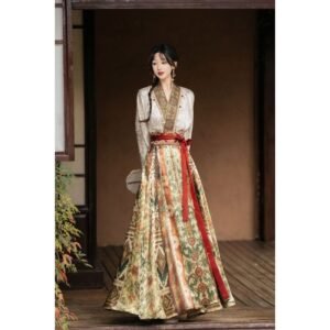Women Ming dynasty hanfu set, jacquard cross-collar top and 8-piece broken skirt, new chinese daily outfit