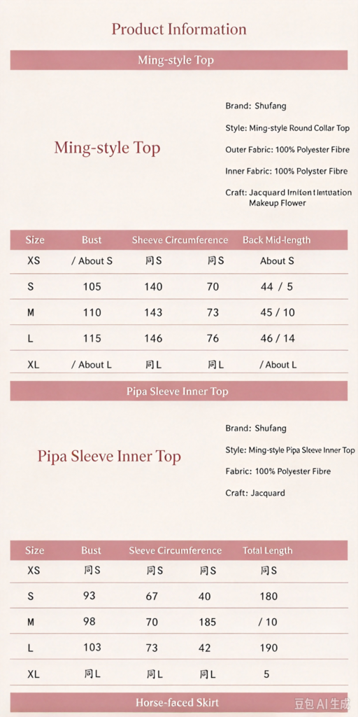 Size chart of Samiusglobal Shifang Ming Hanfu Zhaojun top, inner pipa sleeve top and horse face skirt