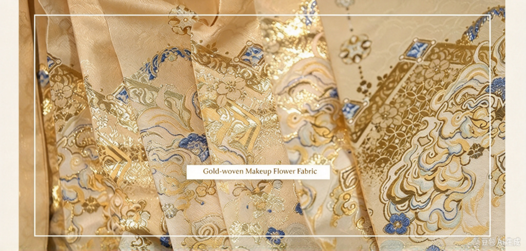 Close up of woven gold makeup flower jacquard fabric of Samiusglobal Shifang Ming Hanfu
