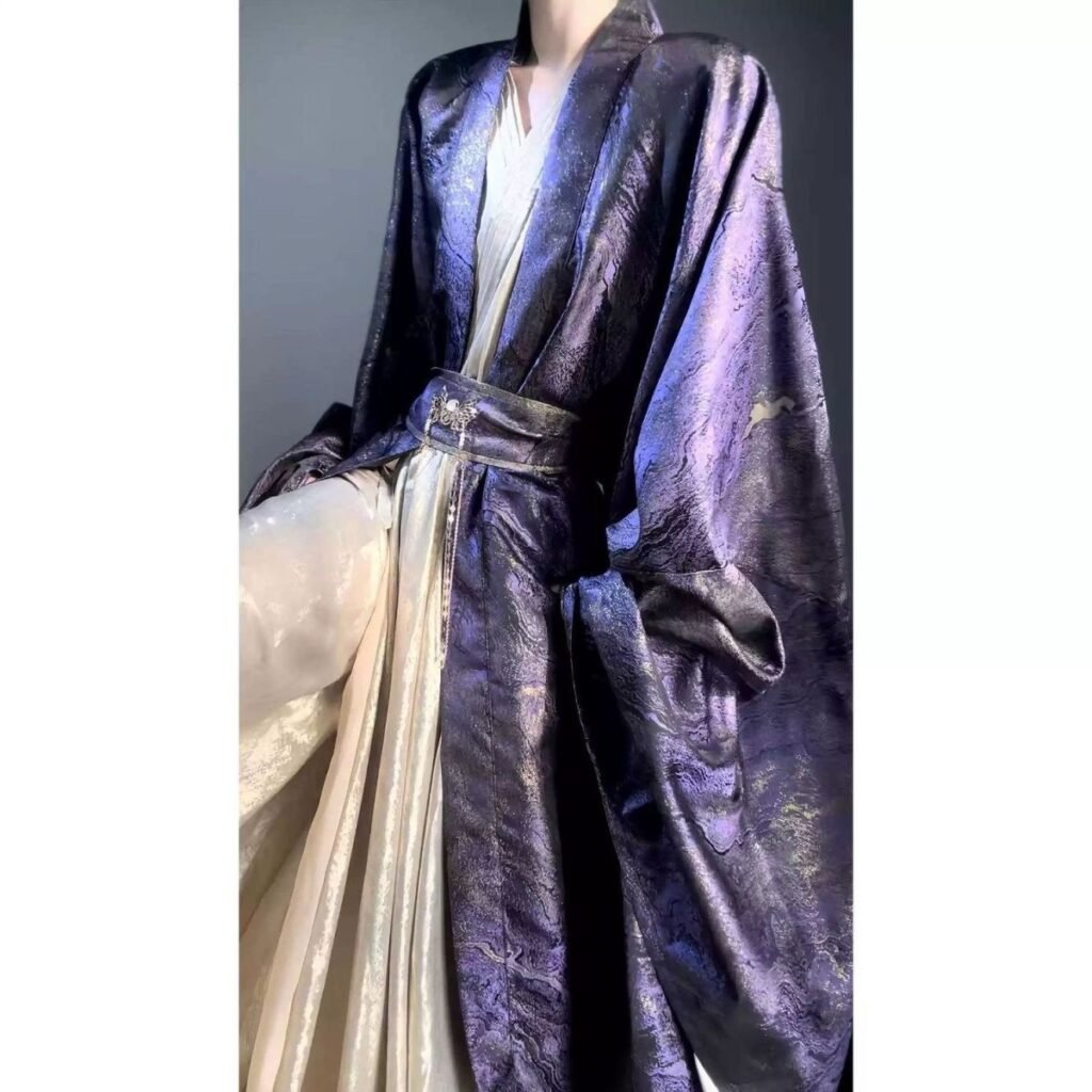 Unisex Wei Jin style hanfu cosplay set, purple gradient gilding wide sleeve robe golden inner top