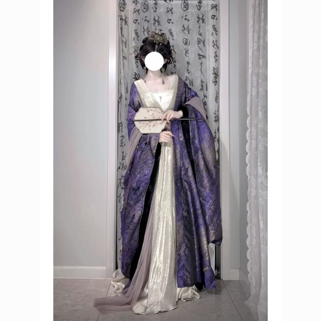 Unisex Wei Jin style hanfu cosplay set, purple gradient gilding wide sleeve robe golden inner top