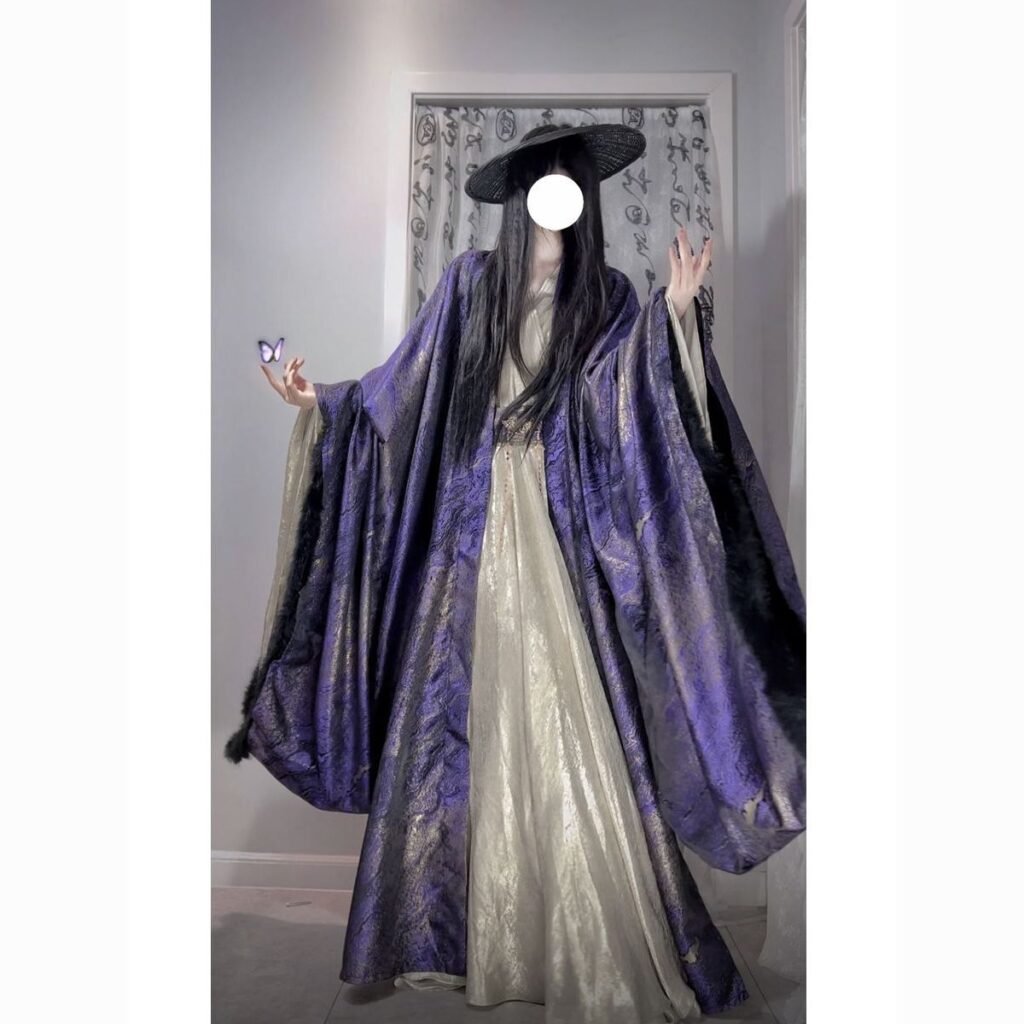Unisex Wei Jin style hanfu cosplay set, purple gradient gilding wide sleeve robe golden inner top