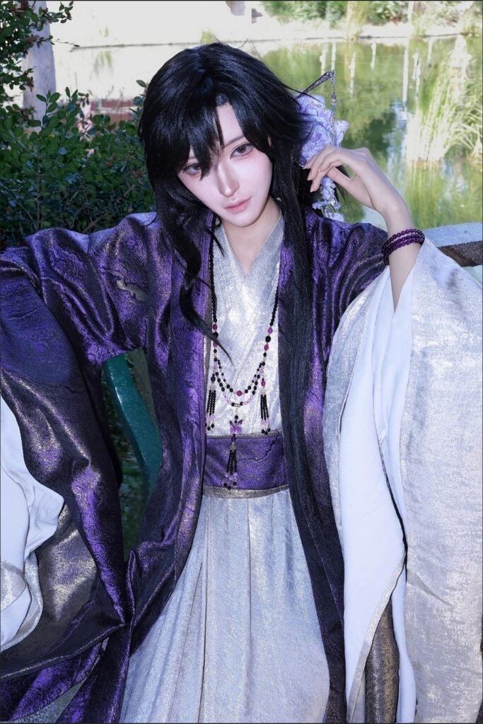Unisex Wei Jin style hanfu cosplay set, purple gradient gilding wide sleeve robe golden inner top
