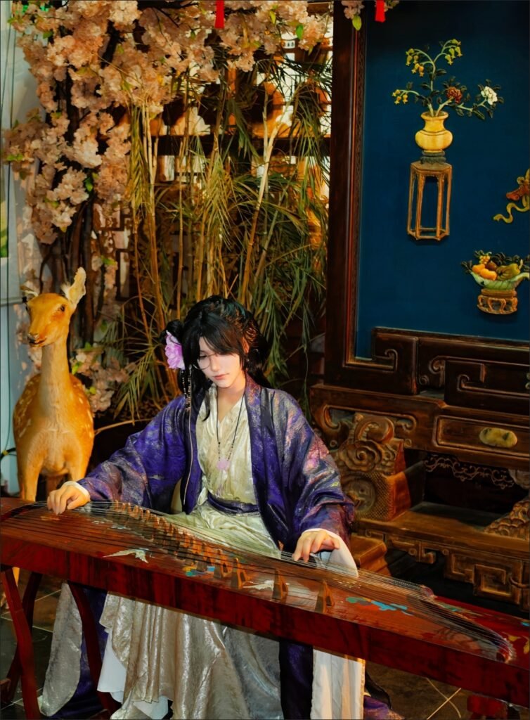 Unisex Wei Jin style hanfu cosplay set, purple gradient gilding wide sleeve robe golden inner top