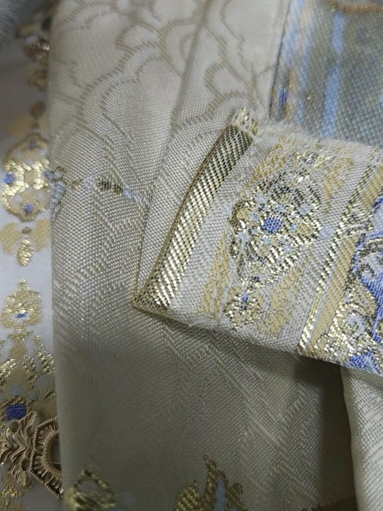 Close up of woven gold makeup flower jacquard fabric of Samiusglobal Shifang Ming Hanfu