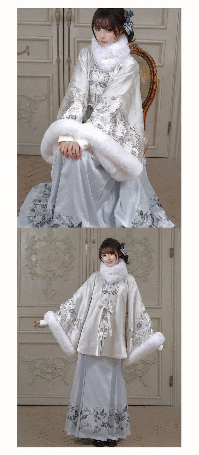 Samiusglobal Flowing Cloud Snowlight unisex Ming dynasty Hanfu set with faux-fur trim