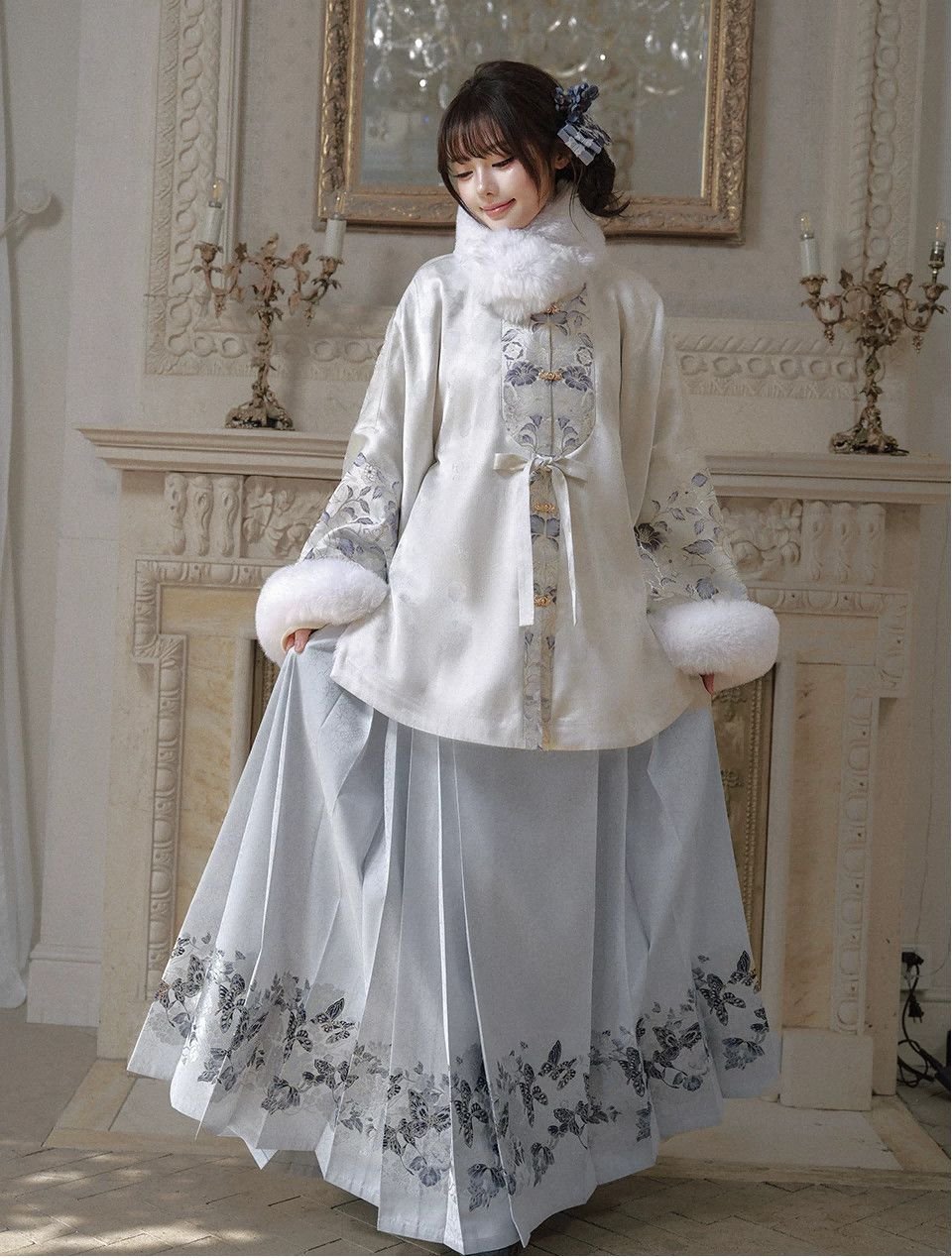 Samiusglobal Flowing Cloud Snowlight unisex Ming dynasty Hanfu set with faux-fur trim