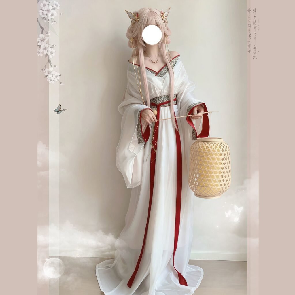 Zhen Yinglian® Gongsun Li Praying Snow Spirit Blessing cosplay costume, white Warring States robe Hanfu with red trim, elegant flowing traditional Chinese outfit