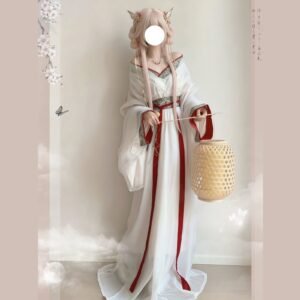 Zhen Yinglian® Gongsun Li Praying Snow Spirit Blessing cosplay costume, white Warring States robe Hanfu with red trim, elegant flowing traditional Chinese outfit