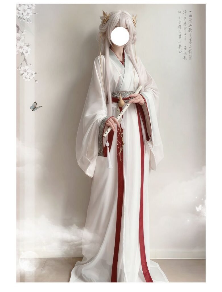 Zhen Yinglian® Gongsun Li Praying Snow Spirit Blessing cosplay costume, white Warring States robe Hanfu with red trim, elegant flowing traditional Chinese outfit