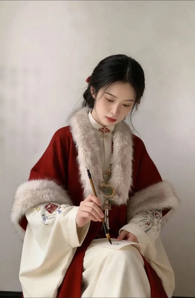 zhenyinglian ming hanfu red new year outfit fur trim mamianqun set made in china