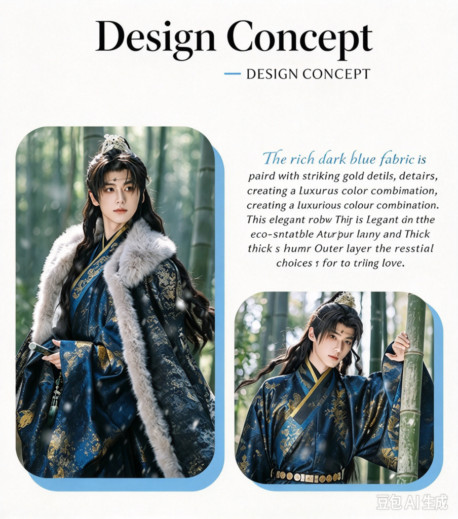 Zhenyinglian Star River World men ming hanfu, blue woven gold Taoist Robe with furry cloak