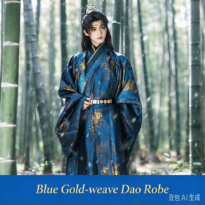 Zhenyinglian Star River World men ming hanfu, blue woven gold Taoist Robe with furry cloak