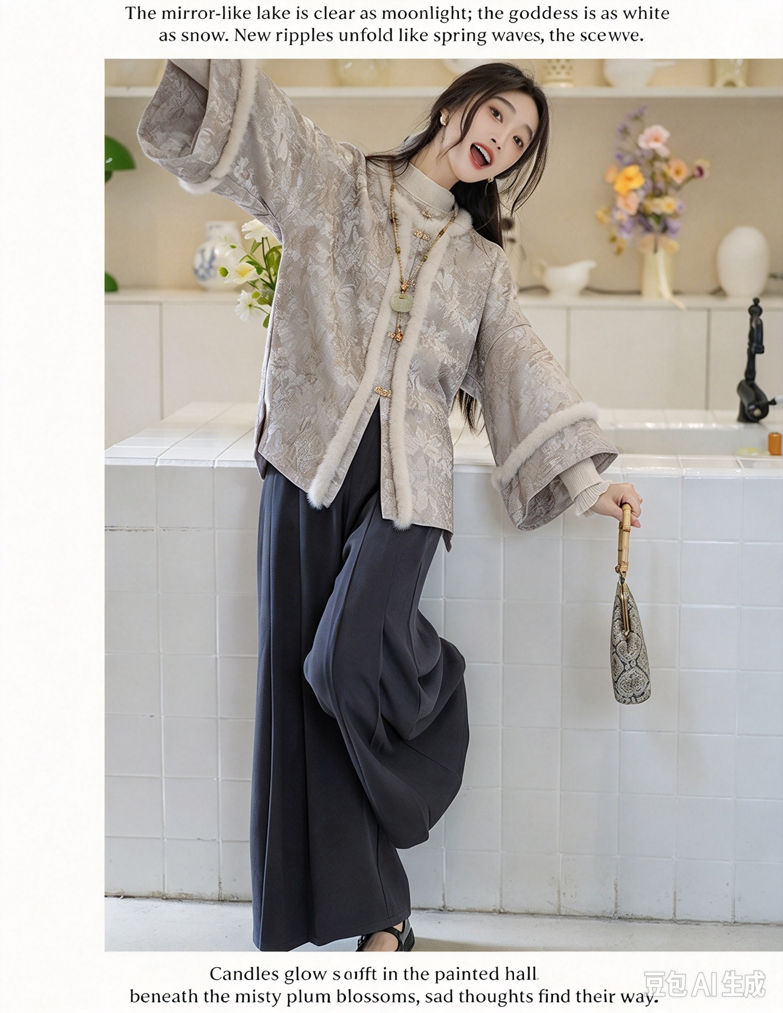 Zhenyinglian Ming style hanfu set for women, round collar short jacket with wide leg trousers, autumn winter new chinese outfit model wearing