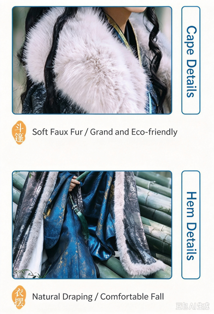 Zhenyinglian Star River World men ming hanfu, blue woven gold Taoist Robe with furry cloak