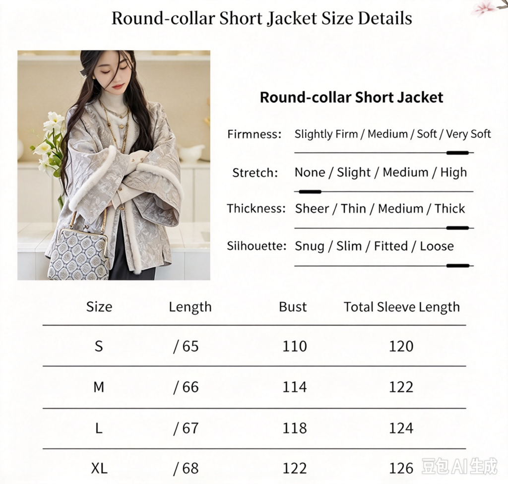 Zhenyinglian Round-collar Short Jacket size chart, ming hanfu top measurement table, length bust sleeve length size reference