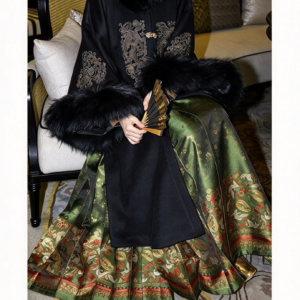 Samiusglobal Xianglü Jin Ming dynasty Hanfu set black wool coat with gold phoenix embroidery and green-gold mamian skirt