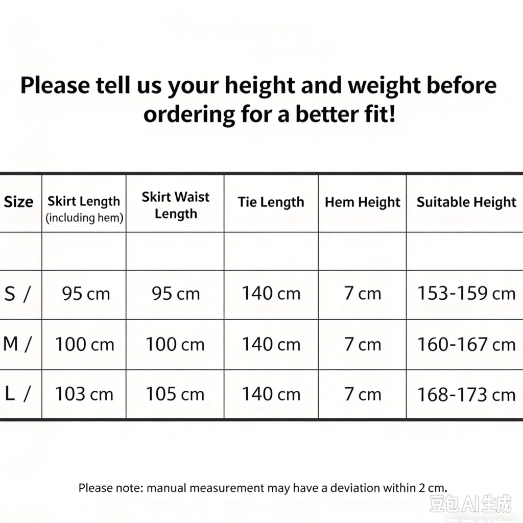 Size chart for Cat Among Flowers Ming hanfu mamian skirt, including skirt length, waist length, tie belt length and recommended height