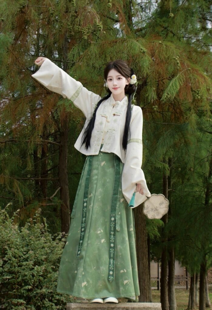 ZhenYinglian Suqiu Ming Style improved Hanfu top and broken skirt, stand collar and printed fabric details