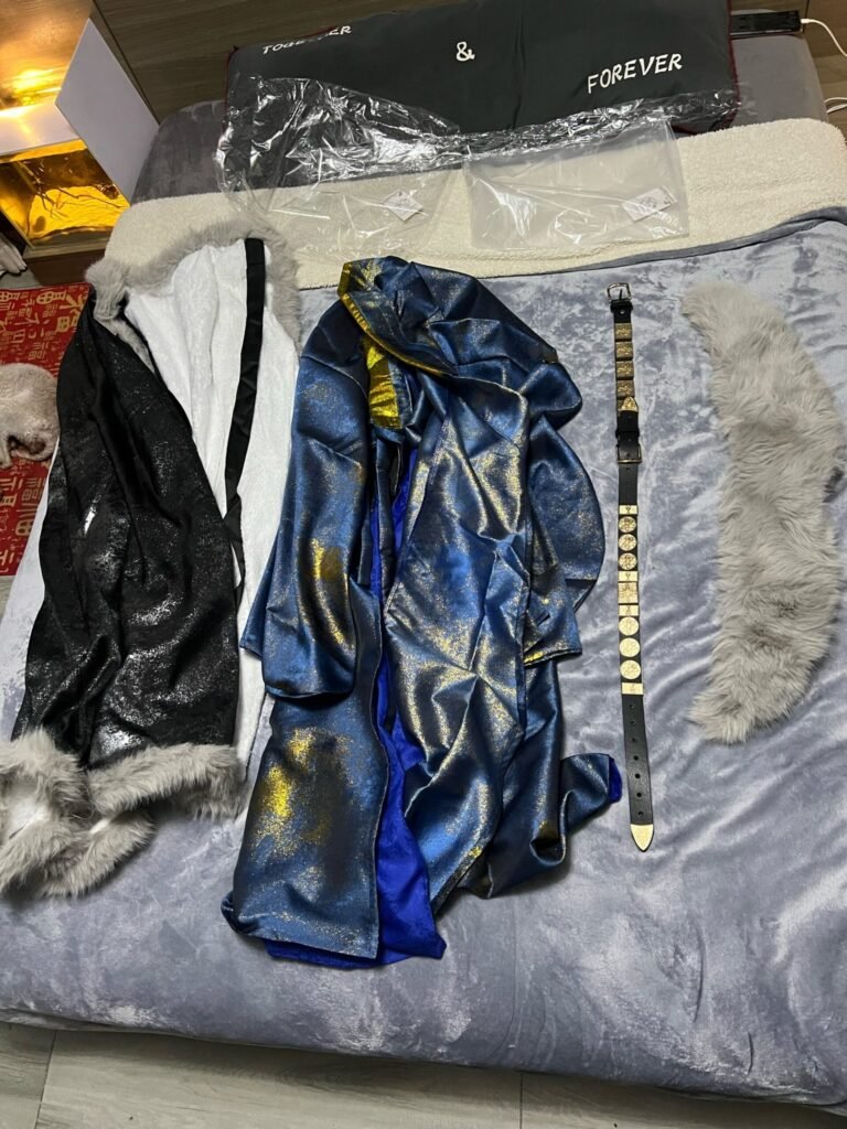 Zhenyinglian Star River World men ming hanfu, blue woven gold Taoist Robe with furry cloak